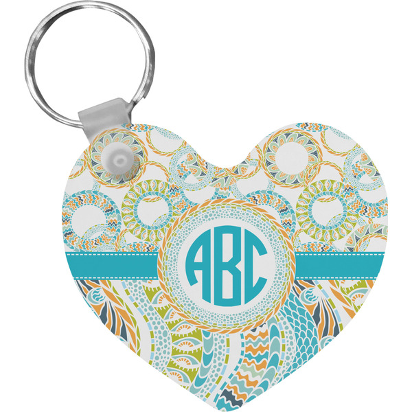 Custom Teal Circles & Stripes Heart Plastic Keychain w/ Monogram