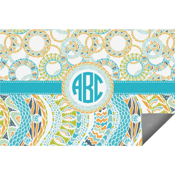 Custom Teal Circles & Stripes Indoor / Outdoor Rug - 5'x8' w/ Monogram