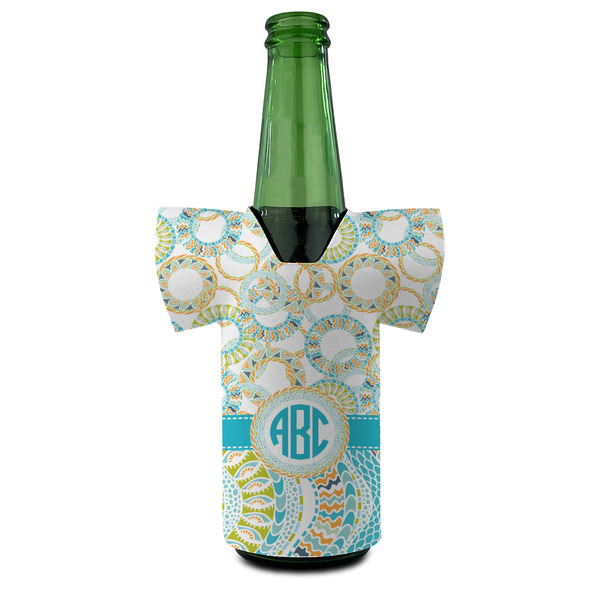 Teal Circles & Stripes Jersey Bottle Cooler - FRONT (on bottle)
