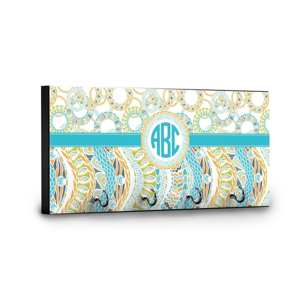 Teal Circles & Stripes Key Hanger - Front View with Hooks