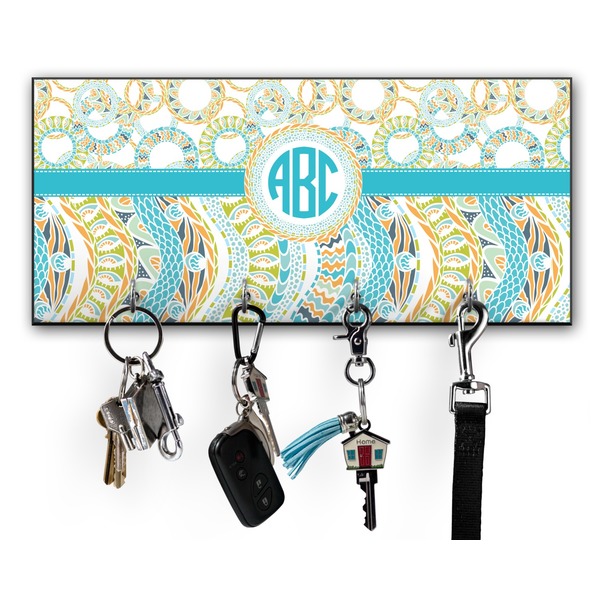 Custom Teal Circles & Stripes Key Hanger w/ 4 Hooks w/ Monogram