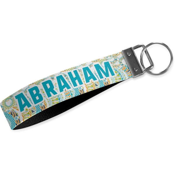 Custom Teal Circles & Stripes Webbing Keychain Fob - Small (Personalized)