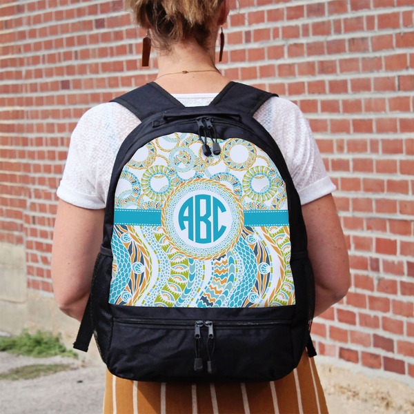 Teal Circles & Stripes Large Backpack - Black - On Back