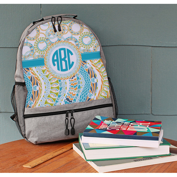 Teal Circles & Stripes Large Backpack - Gray - On Desk
