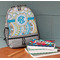 Teal Circles & Stripes Large Backpack - Gray - On Desk