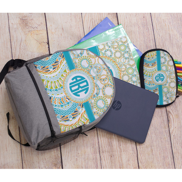 Teal Circles & Stripes Large Backpack - Gray - With Stuff