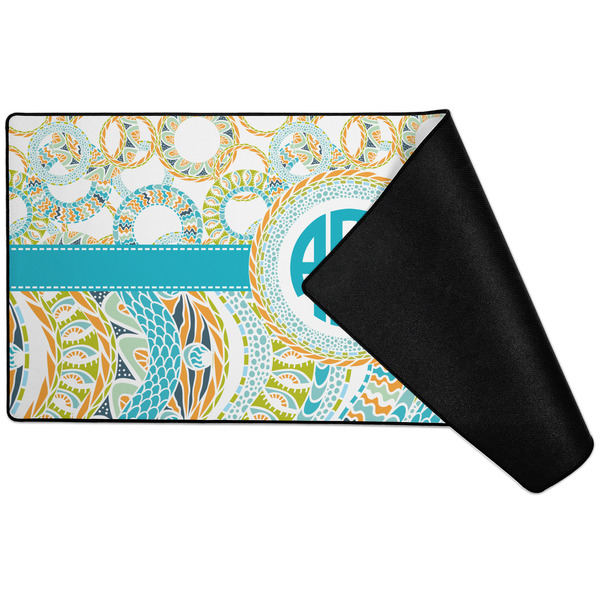 Teal Circles & Stripes Large Gaming Mats - FRONT W/ FOLD