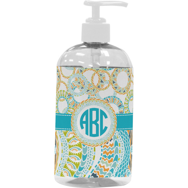 Custom Teal Circles & Stripes Plastic Soap / Lotion Dispenser (16 oz - Large - White) (Personalized)