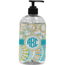 Teal Circles & Stripes Plastic Soap / Lotion Dispenser (16 oz - Large - Black) (Personalized)