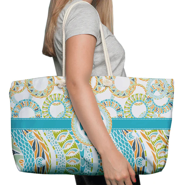 Teal Circles & Stripes Large Rope Tote Bag - In Context View