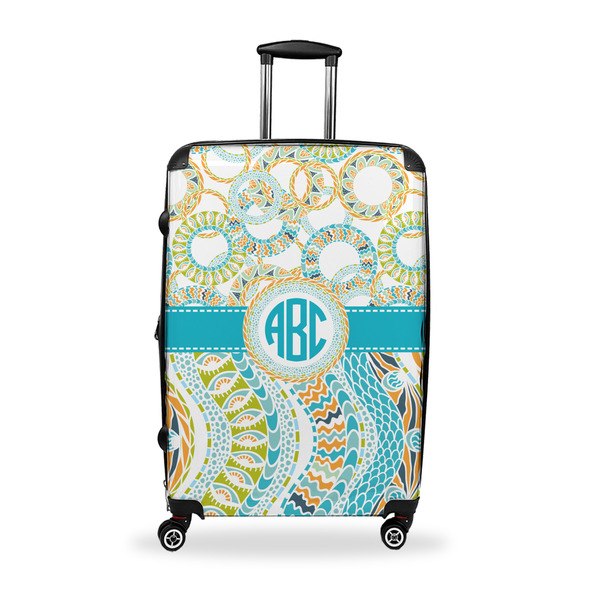 Custom Teal Circles & Stripes Suitcase - 28" Large - Checked w/ Monogram