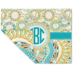 Teal Circles & Stripes Double-Sided Linen Placemat - Single w/ Monogram