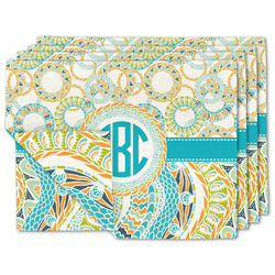 Teal Circles & Stripes Double-Sided Linen Placemat - Set of 4 w/ Monogram