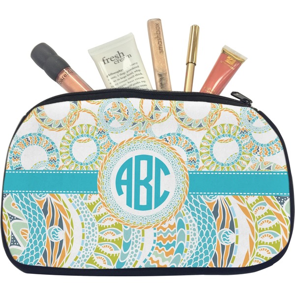 Custom Teal Circles & Stripes Makeup / Cosmetic Bag - Medium (Personalized)