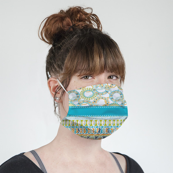Teal Circles & Stripes Mask - Quarter View on Girl