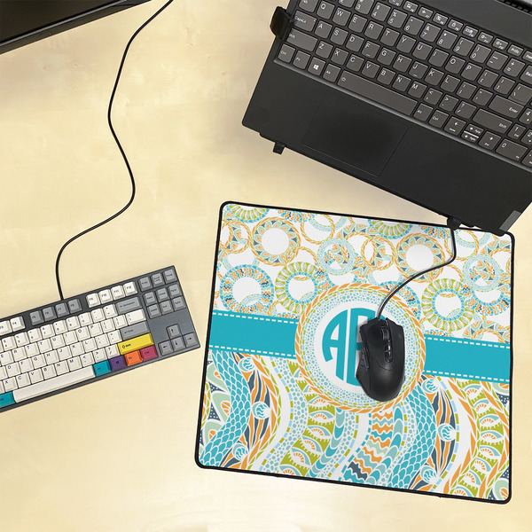 Teal Circles & Stripes Medium Gaming Mats - LIFESTYLE