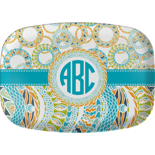 Custom Teal Circles & Stripes Melamine Platter w/ Monogram