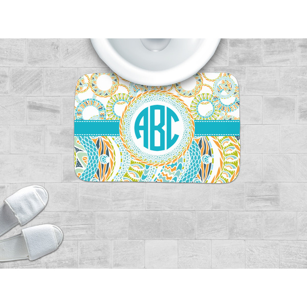 Teal Circles & Stripes Memory Foam Bath Mat - LIFESTYLE