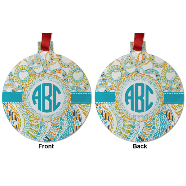 Teal Circles & Stripes Metal Ball Ornament - Front and Back