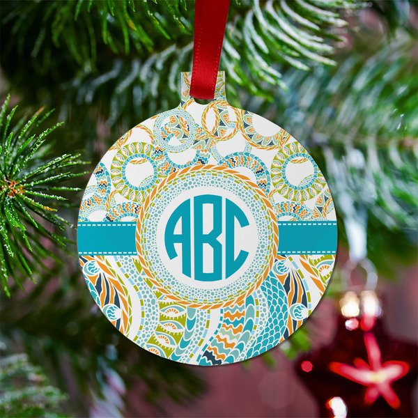 Teal Circles & Stripes Metal Ball Ornament - Lifestyle