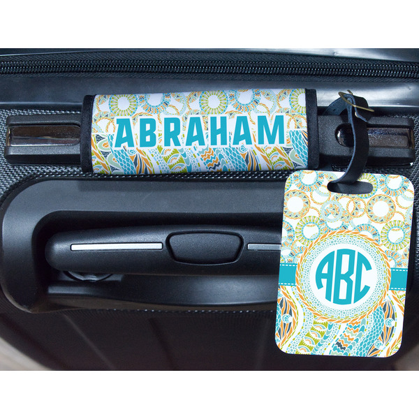 Teal Circles & Stripes Metal Luggage Tag & Handle Wrap - In Context