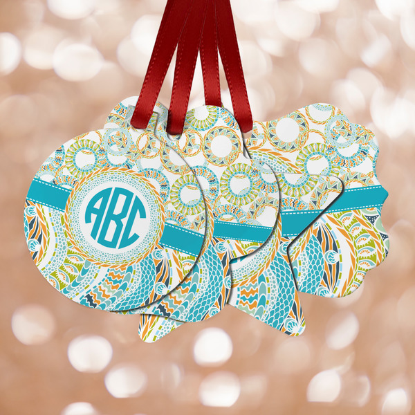 Custom Teal Circles & Stripes Metal Ornaments - Double Sided w/ Monogram