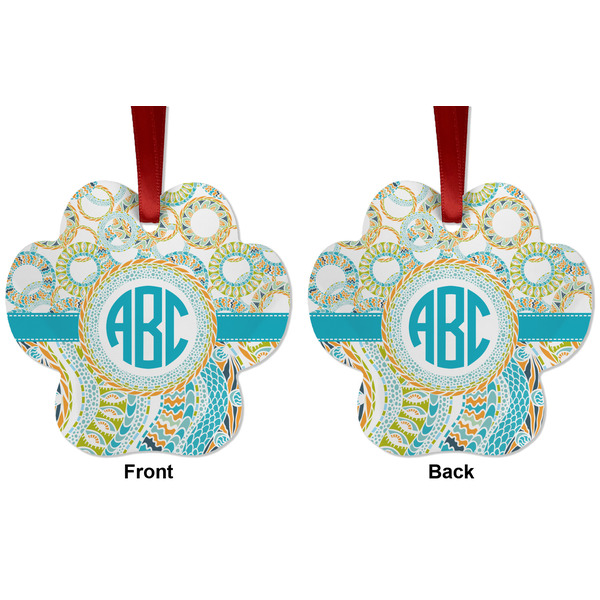 Teal Circles & Stripes Metal Paw Ornament - Front and Back