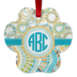Teal Circles & Stripes Metal Paw Ornament - Double Sided w/ Monogram