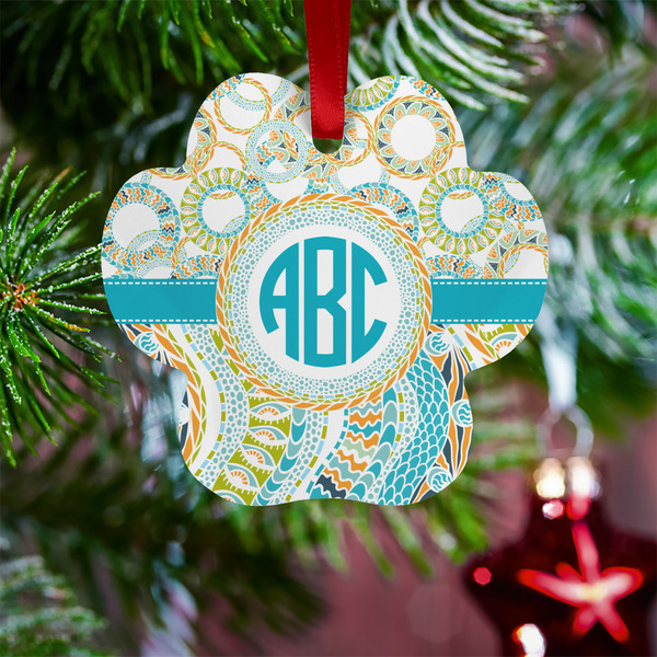 Teal Circles & Stripes Metal Paw Ornament - Lifestyle