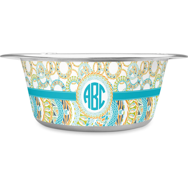 Custom Teal Circles & Stripes Stainless Steel Dog Bowl - Medium (Personalized)