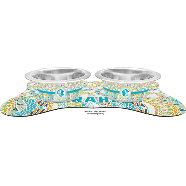 Teal Circles & Stripes Metal Pet Bowls - On Dog Bone Shaped Mat