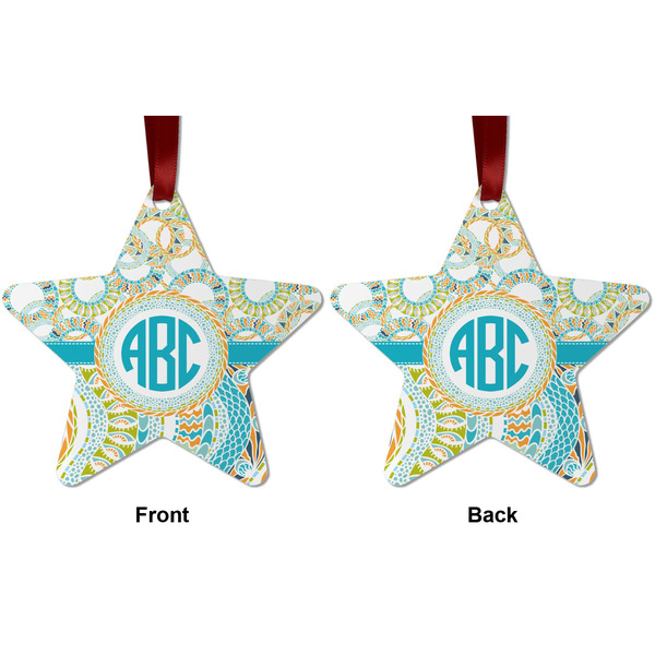 Teal Circles & Stripes Metal Star Ornament - Front and Back