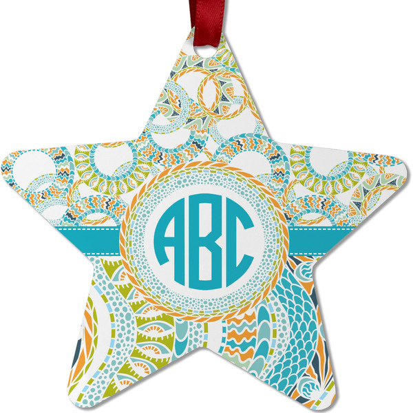 Custom Teal Circles & Stripes Metal Star Ornament - Double Sided w/ Monogram
