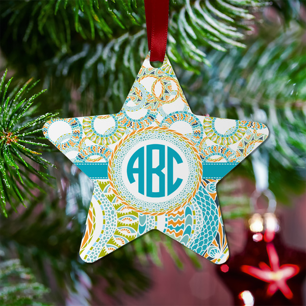 Teal Circles & Stripes Metal Star Ornament - Lifestyle
