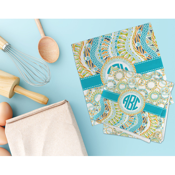 Teal Circles & Stripes Microfiber Dish Rag - LIFESTYLE