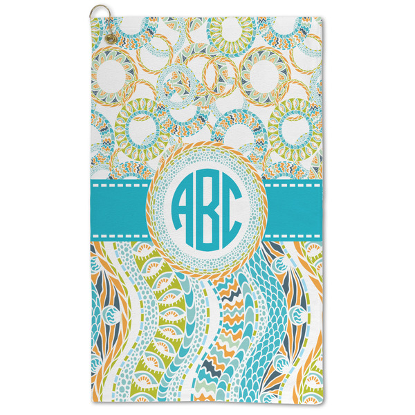 Custom Teal Circles & Stripes Microfiber Golf Towel - Large (Personalized)