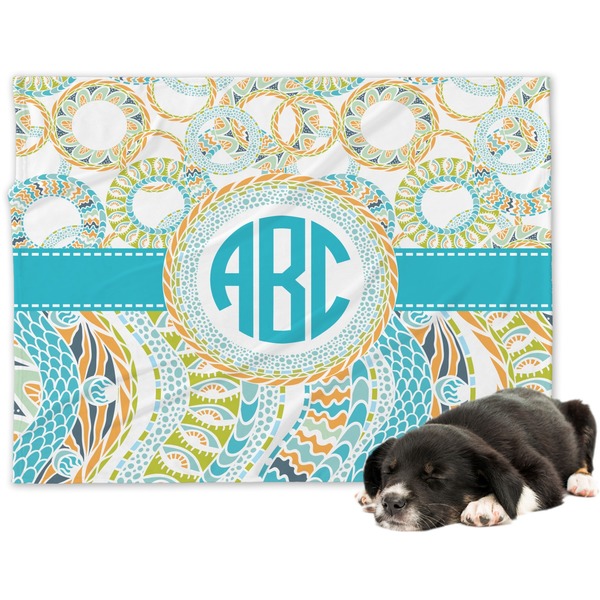 Custom Teal Circles & Stripes Dog Blanket - Large (Personalized)