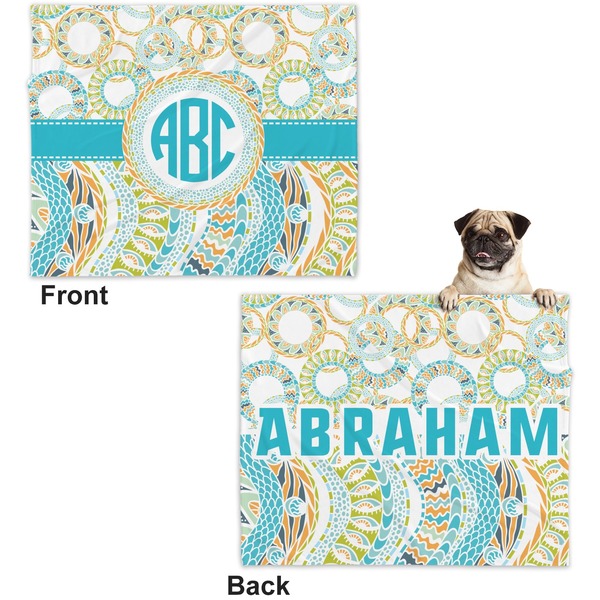 Teal Circles & Stripes Microfleece Dog Blanket - Large- Front & Back
