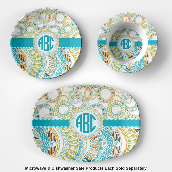 Teal Circles & Stripes Microwave & Dishwasher Safe CP Plastic Dishware - Group