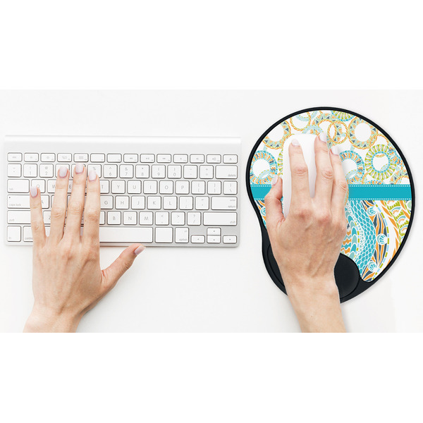 Teal Circles & Stripes Mouse Pad with Wrist Rest - LIFESYTLE 2 (in use)