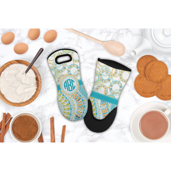 Teal Circles & Stripes Neoprene Oven Mitt - Lifestyle Image