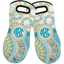 Teal Circles & Stripes Neoprene Oven Mitts - Set of 2 w/ Monogram