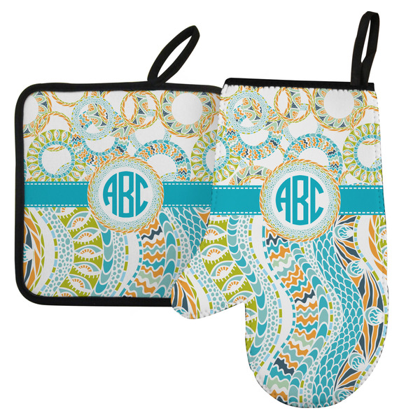 Custom Teal Circles & Stripes Left Oven Mitt & Pot Holder Set w/ Monogram