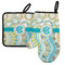 Teal Circles & Stripes Left Oven Mitt & Pot Holder Set w/ Monogram