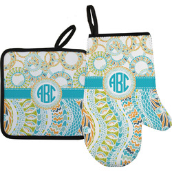 Teal Circles & Stripes Right Oven Mitt & Pot Holder Set w/ Monogram