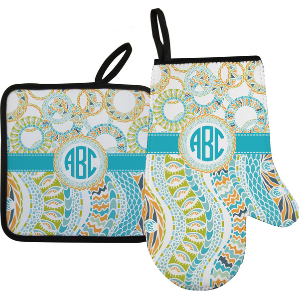 Custom Teal Circles & Stripes Right Oven Mitt & Pot Holder Set w/ Monogram