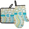 Teal Circles & Stripes Right Oven Mitt & Pot Holder Set w/ Monogram