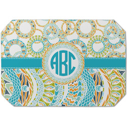 Teal Circles & Stripes Dining Table Mat - Octagon (Single-Sided) w/ Monogram