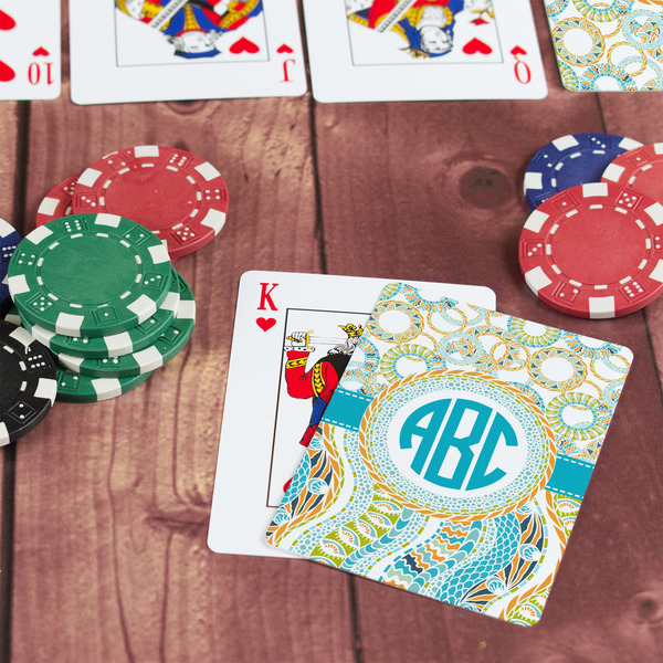 Teal Circles & Stripes On Table with Poker Chips