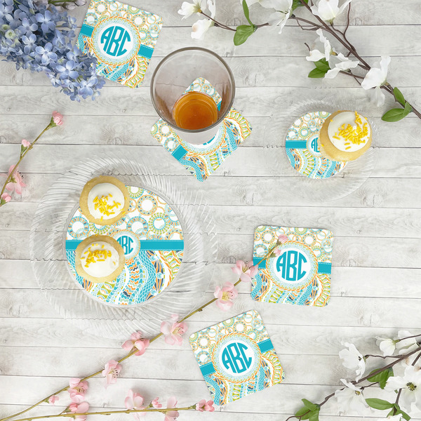 Teal Circles & Stripes Paper Coasters - In Context